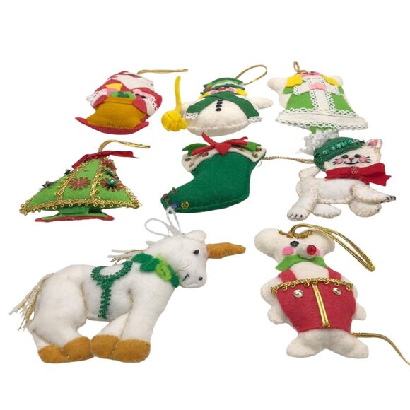 VTG Handmade Christmas Ornaments Felt Sequins Beaded Finished Unicorn Cat Mouse - Picture 4 of 7